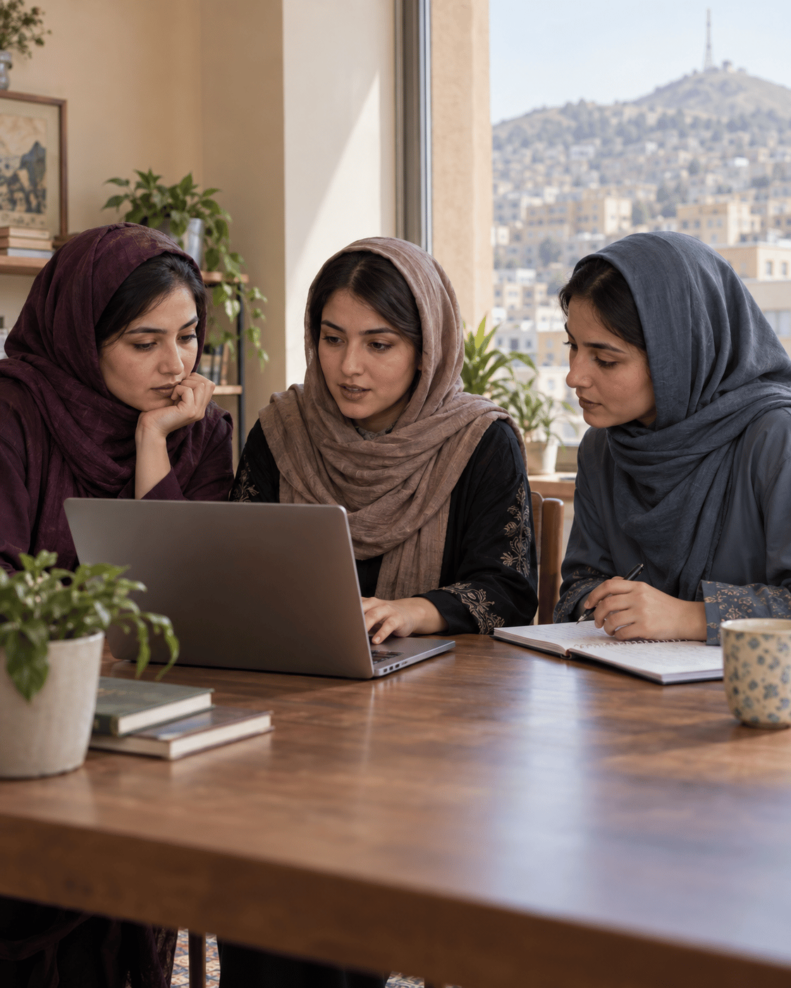 Generated concept image of three Afghan women in headscarves learning together with a laptop and notebook